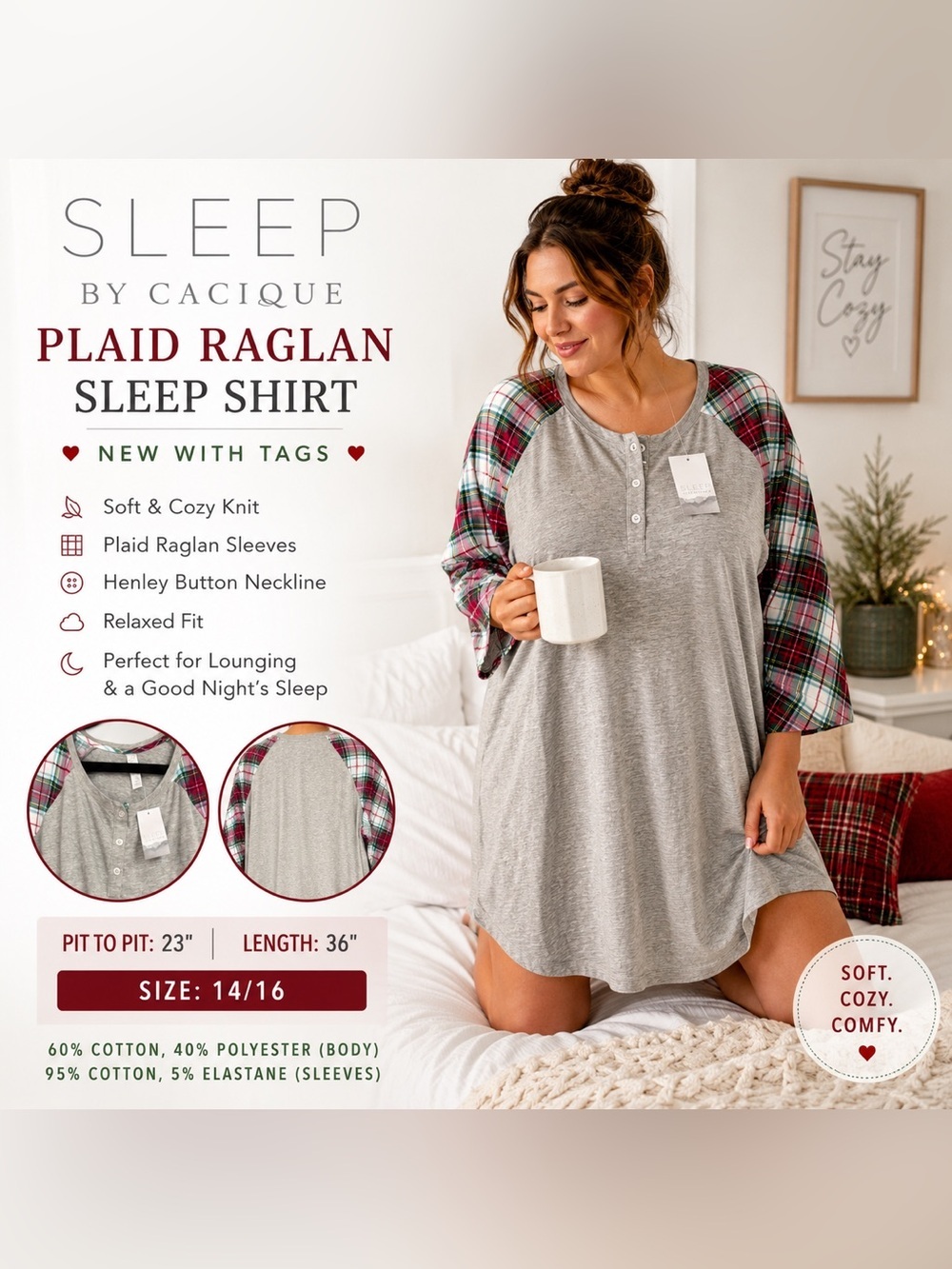 Sleep by Cacique Plaid Raglan Sleep Shirt Nightgown NWT Plus 14/16